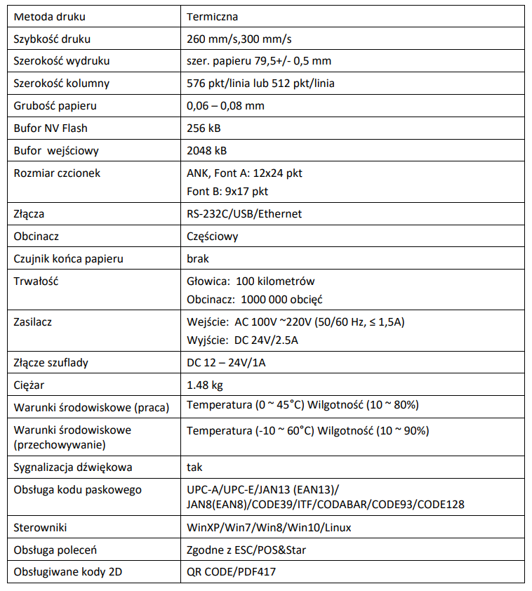 Drukarka paragonowa NPOS Thermal C300 WiFi (bonowa) - specyfikacja techniczna